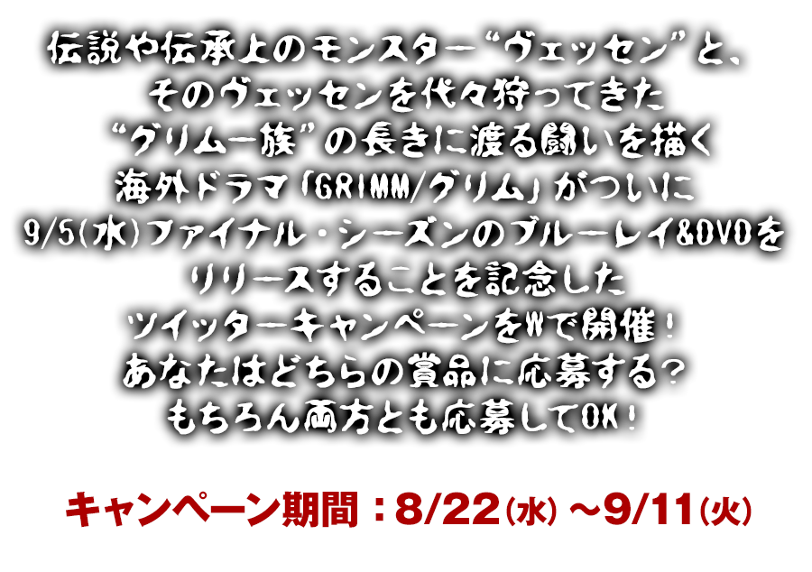 伝説や伝承上のモンスター“ヴェッセン”と、そのヴェッセンを代々狩ってきた“グリム一族”の長きに渡る闘いを描く海外ドラマ「GRIMM/グリム」がついに9/5(水)ファイナル・シーズンのブルーレイ&DVDをリリースすることを記念したツイッターキャンペーンをWで開催！あなたはどちらの賞品に応募する？もちろん両方とも応募してOK！ガシガシ応募してハッピーな賞品をGETしよう！たくさんのご参加をお待ちしています！キャンペーン期間8/22（水）～9/11（火）
